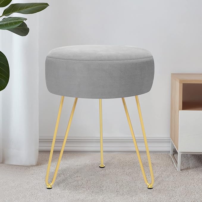Velvet Soft Modern Vanity Stool -Round Footrest Stool Ottoman Side Table Seat Dressing with Golden Metal Leg and Sponge Filling,Upholstered Foot Rest, for Living Room and Bedroom (Gray)