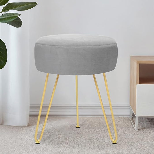 Velvet Soft Modern Vanity Stool -Round Footrest Stool Ottoman Side Table Seat Dressing with Golden Metal Leg and Sponge Filling,Upholstered Foot Rest, for Living Room and Bedroom (Gray)