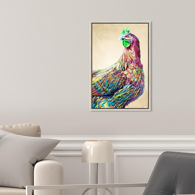 Country Farmhouse Canvas Print Painting Animal Wall Art 'Fun Colorful Glam Rooster' Champagne Framed Canvas Rustic Home Décor 10x15 in Pink, Green by Oliver Gal