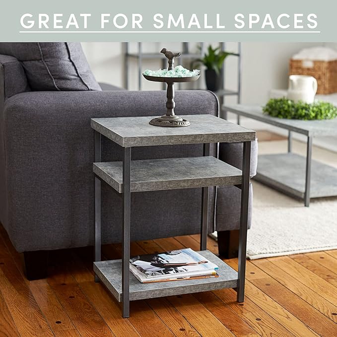 Household Essentials Jamestown Rectangular Side End Table with Storage Shelves Rustic Slate Concrete and Black Metal