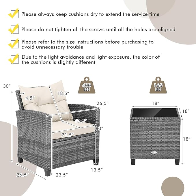 Tangkula 3 Pieces Patio Furniture Set, PE Rattan Wicker 3 Pcs Outdoor Sofa Set w/Washable Cushion and Tempered Glass Tabletop, Conversation Furniture for Garden Poolside Balcony (Mix Grey-White)
