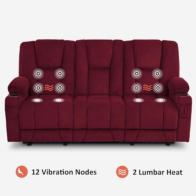 MCombo Zero Gravity 3 Seater Power Reclining Sofa with Heat and Vibration Massage, Recliner Couch for Living Room, Fabric 6035SET (Burgundy, 3 Seater)
