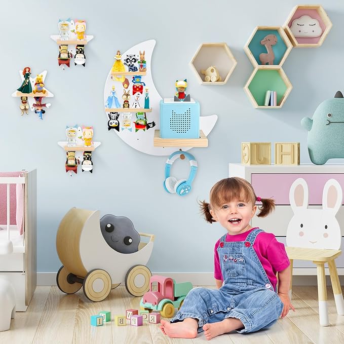 Moon + Stars for Toniebox 1/2 Tonies Figures Organizer Storage Shelf Wall Mounted, Magnetic Floating Shelves for Toniebox Player, Characters, Earphones, Display Collection 20~30 Characters (White)