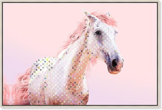 Country Farmhouse Canvas Print Painting Animal Wall Art 'Pink Glam Horse' Champagne Framed Canvas Rustic Home Décor 30x20 in Pink, White by Oliver Gal