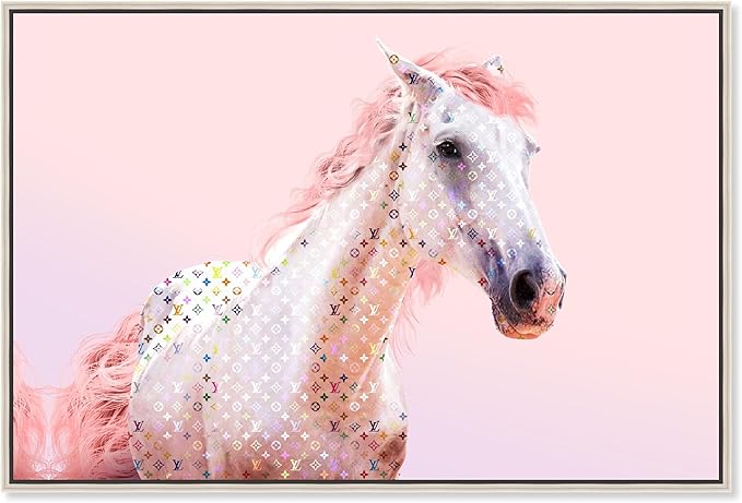 Country Farmhouse Canvas Print Painting Animal Wall Art 'Pink Glam Horse' Champagne Framed Canvas Rustic Home Décor 24x16 in Pink, White by Oliver Gal
