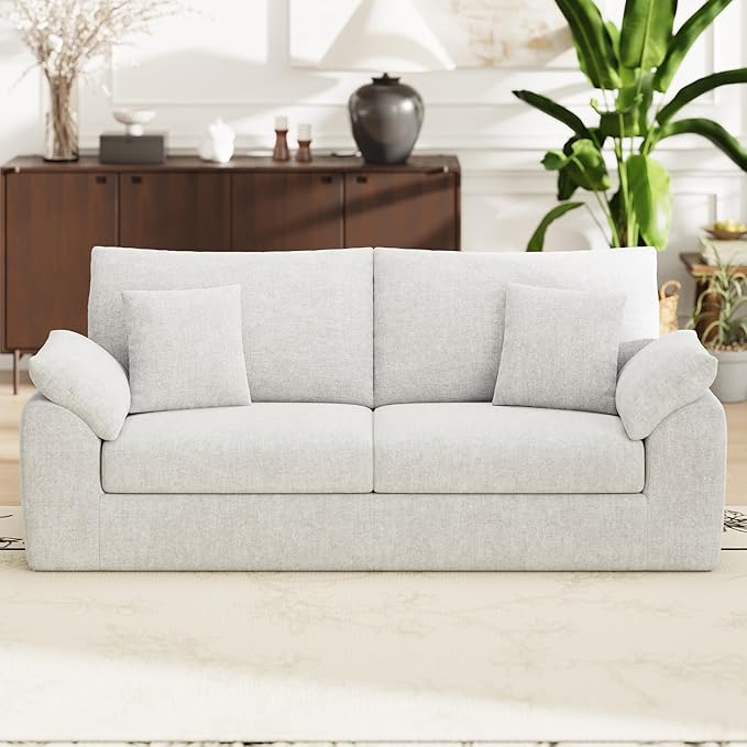 MALOL 90" Boneless Loveseat Sofa, Cloud Foam Couch, 3 Seater Upholstered Midcentury Mondern Love Seat, Wide Armrest and 4 Pillows for Home Living Room/Small Spaces, No Assembly Required, Beige