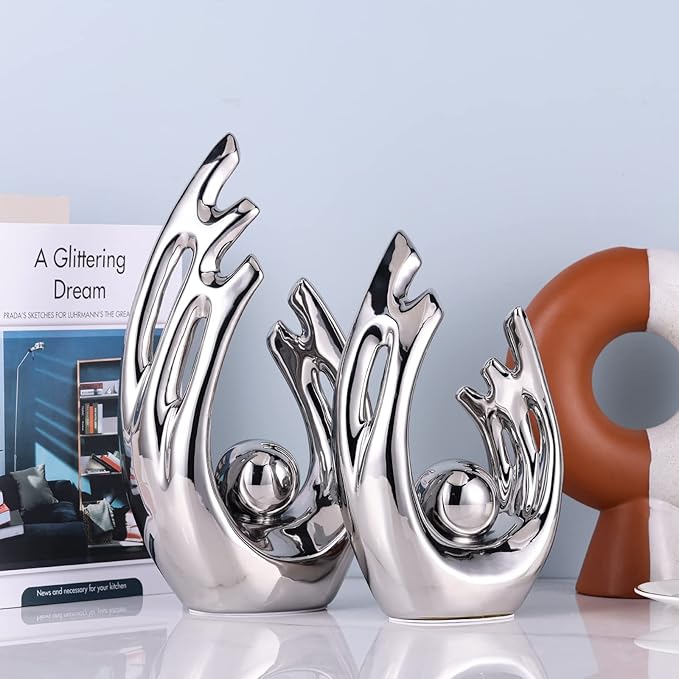 XMGZQ Silver Home Decor Accent,Mid Century Modern Decor Dining Table Decorations,Silver Abstract Ceramic Statue and Sculpture for Center Pieces Decor for Table,Bookshelf Tv Stand Decorative Objects