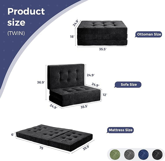 MAXYOYO Tri-Fold Mattress, 6 Inch Tufted Folding Mattress with Chenille Fabric, Portable Twin Size Floor Guest Mat for Adults, Foldable Topper for Camping, Black, 35.4"x75"