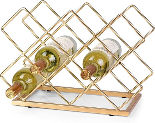 Countertop Wine Rack - 10 Bottle Freestanding Modern Gold Metal Small Wine Rack - Tabletop Wine Holder Stand for Cabinet, Pantry, Wine Bottle Storage…