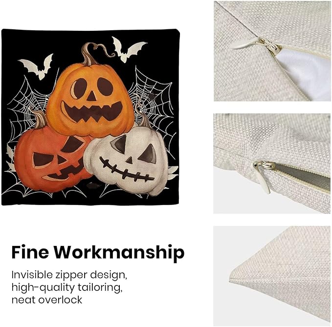Halloween Pillow Covers 20 x 20 Inch Pack of 2, Black Pumpkin Bat Spider Web Decorative Throw Pillow Covers Vintage Linen Farmhouse Outdoor Halloween Pillowcase for Bedroom Home Sofa Decor