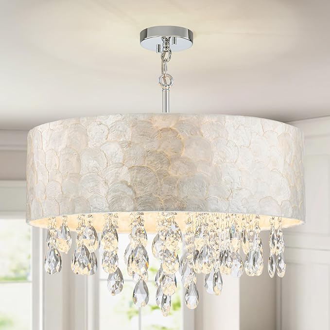 X-Large 6-Light Drum Capiz Shell Crystal Chandeliers, Coastal Style Pendant Light Fixture for Dining Room, Living Room, D24 x H23~71 inch(Adjustable), Shell Lampshade & Chrome Finish