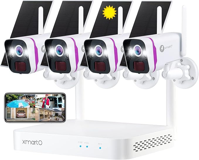 xmartO Wireless Solar Security Camera System, 10CH 4K Expandable WiFi6 NVR+4*4MP 2K Outdoor Cams, All Weather Solar, 2-Way Audio, IR&Color NV, Long Range WiFi Mesh, Free 120-Day Video,No Monthly Fees