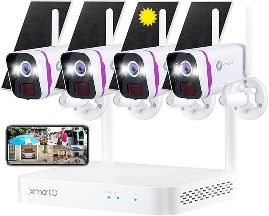 xmartO Wireless Solar Security Camera System, 10CH 4K Expandable WiFi6 NVR+4*4MP 2K Outdoor Cams, All Weather Solar, 2-Way Audio, IR&Color NV, Long Range WiFi Mesh, Free 120-Day Video,No Monthly Fees