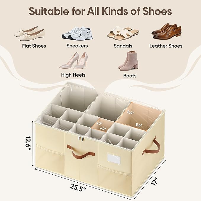 Shoe Organizer for Closet, 1 Pack Shoe Storage Container with Adjustable Dividers, Space Saving Shoe Box Storage Organizer Bin with Clear Lid and 4 Handles, Fits 12-24 Pairs, Beige