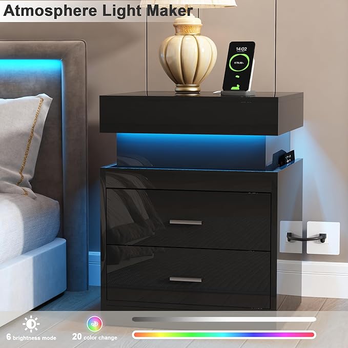ChooChoo LED Nightstand Set of 2,Smart Night Standwith Charging Station and Sliding Top Storage, Black
