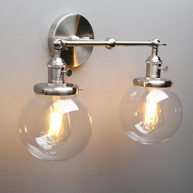 PERMO Double Sconce Vintage Industrial Antique 2-Lights Wall Sconces with Dual Mini 5.9" Round Clear Glass Globe Shade (Brushed Nickel)
