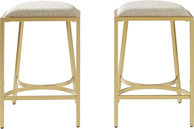 Crosley Furniture Ellery Upholstered Seat Counter Height Bar Stools Set of 2, Oatmeal/Gold