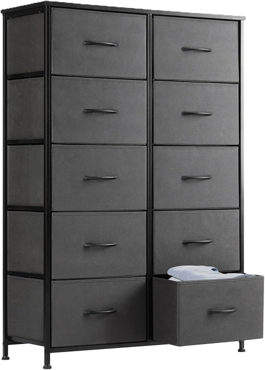 Sweetcrispy Dresser for Bedroom Tall Drawer Dresser Organizer Storage Drawers Fabric Storage Tower with 10 Drawers, Chest of Drawers with Fabric Bin, Steel Frame, Wood Top for Bedroom