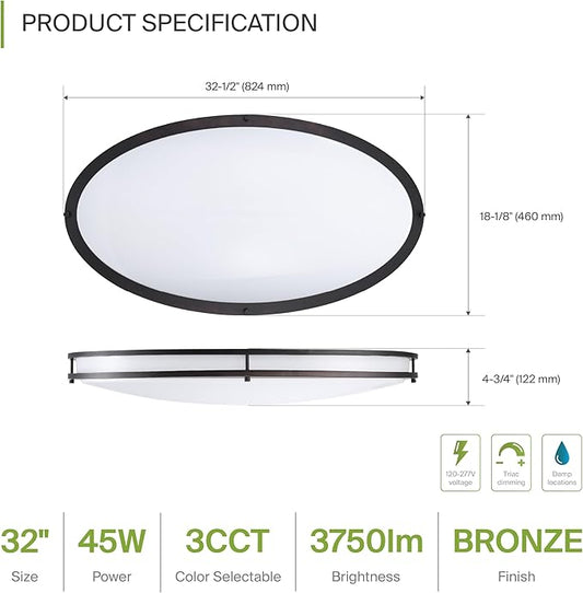 ASD LED 32" Oval Flush Mount Lighting, Close to Ceiling Light Fixture | 3CCT, Dimmable, Energy Star, ETL Listed | 45W 3750LM 3000-5000K 100-277V | Low Profile Double Ring Lamp | Dark Bronze, 2 Pack