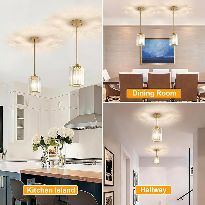 2 Pack Crystal Pendant Lights, Brushed Gold Kitchen Hanging Pendant Light Fixtures, Modern Hexagonal Crystal Pendant Lighting for Kitchen Island, Dining Room, Hallway, Foyer, Entryways