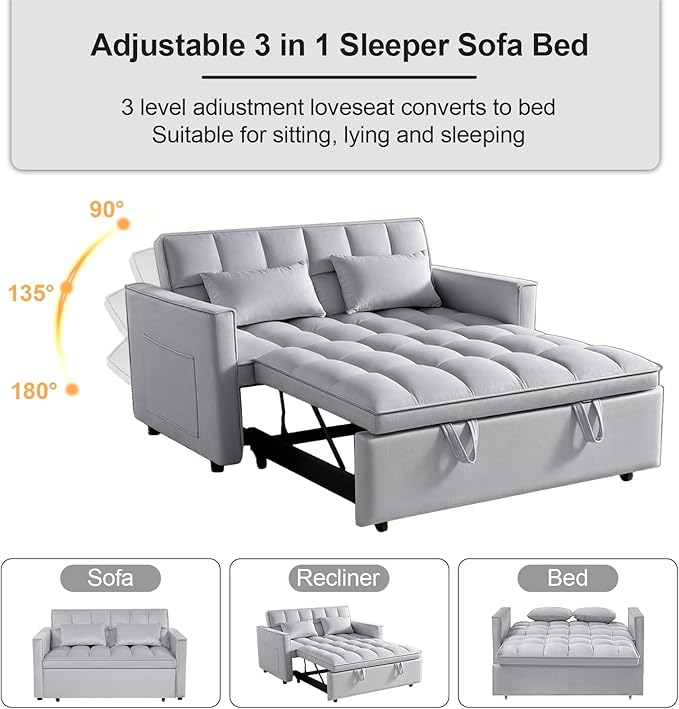 3 in 1 Convertible Sleeper Sofa Bed, 53" Pull Out Sofa Bed with 3-Level Adjustable Backrest, Velvet Fabric Loveseat Sleeper Couch for Living Room & Bedroom & Apartment & Dorm, Light Gray