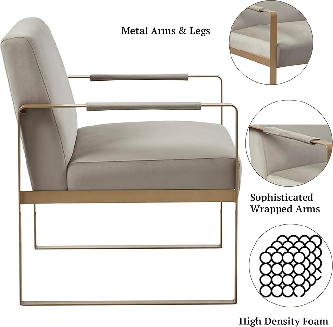 Martha Stewart Upholsterd Accent Chair Living Room Furniture-Modern Design Comfortable Foam Seat Cushion Bedroom Lounge, Sophisticated Finished, Sturdy Frame, 28.5" W x 29" D x 32.5" H, Taupe/Gold