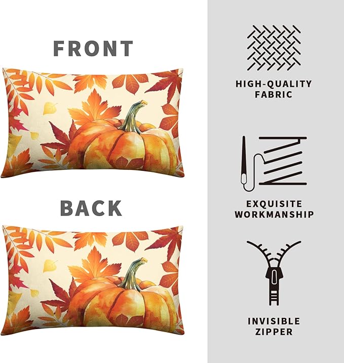 Fall Throw Pillow Covers 12x20 Set of 2 Orange Black Maple Leaves Pumpkin Autumn Lumbar Pillow Case Thanksgiving Harvest Farmhouse Outdoor Rectangle Cushion Case for Sofa Couch