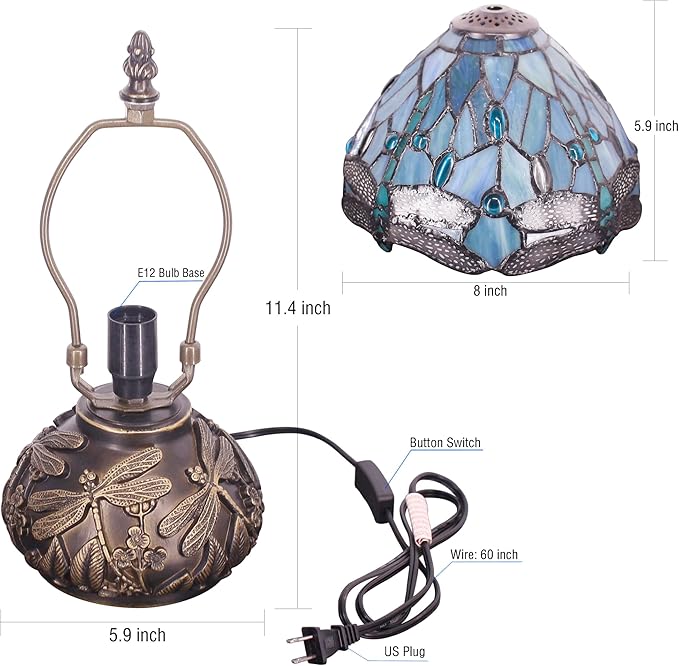 Small Tiffany Lamp Mini Stained Glass Table Lamp Sea Blue Dragonfly Style Mushroom Desk Light Memory Sympathy Lamp 8X11 Inch