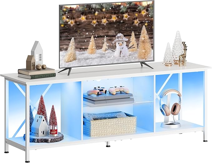 WLIVE Industrial TV Stand with LED Lights for Up to 65" TVs, Waterproof & Scratch-Resistant, Adjustable Shelves, Modern Entertainment Center for Living Room, White