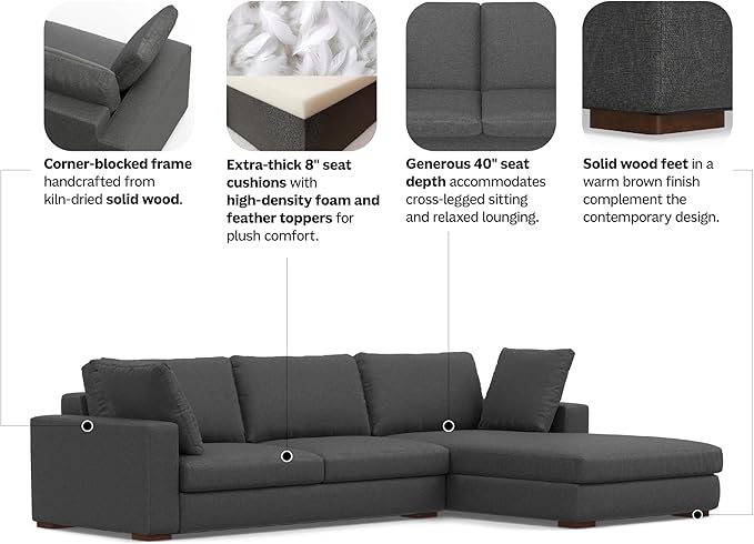 SIMPLIHOME Charlie Right-Facing Sectional Sofa in 100% Recycled Polyester Tightly Woven Performance Fabric, Pebble Grey, 122-inches Wide, Handcrafted Contemporary Style L-Shaped Couch with Chaise