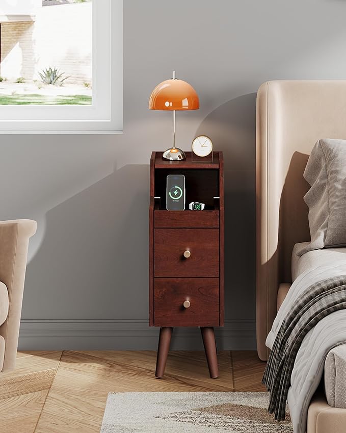 WLIVE Small Nightstand with Drawers, Narrow Bedside Tables with Open Shelf & Cable Hole, Narrow Nightstand for Bedroom, Modern Storage Cabinet for Small Spaces/Living Room, Cherry