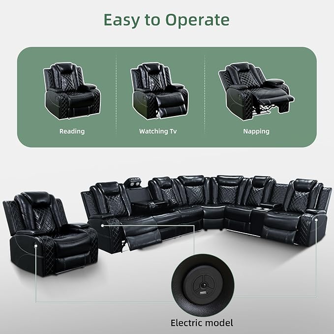 Power Reclining Sectional Sofa Set, Leather Sectional Couch with LED Lights, USB Ports, Storage Console & Cup Holders, L-Shaped Living Room Furniture for Home Theater
