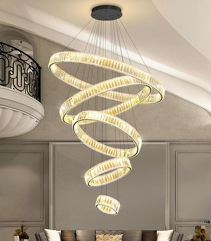 Large Ring Crystal Chandelier Modern Dimmable Chandelier High Ceiling Chandelier Round LED Ceiling Light Fixture for Foyer Long Stair Big Chandelier Black 8''+16''+24''+32''+40''