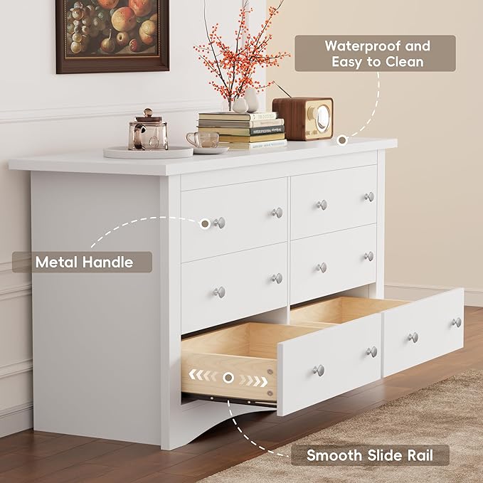 Furmax Dresser for Bedroom, 6 Wood Dresser, Chest of Drawers, for TV up to 65 inch, TV Stand Storage Chest of Drawers for Hallway Entryway (White)