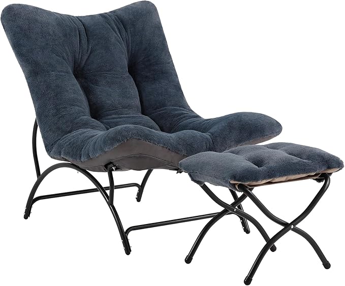 Tiita Accent Lazy Chair with Ottoman, Comfy Lounge Chair with Metal Frame and Plush Fabric, Thick Cushion Seated Cozy Recliner Chair for Reading Room, Living Room, Bedroom, Office, Dark Gray