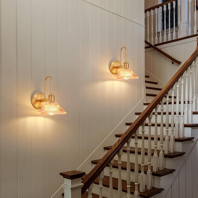 Wall Sconce Set of 2, Gold Vintage Light Fixtures with Round Amber Glass Lampshade, Hardwired Sconces Wall Lighting for Bedroom, Bathroom, Living Room | Includes 2 LED Bulbs