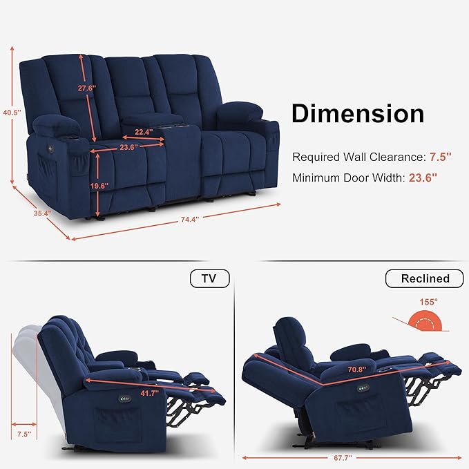 MCombo Zero Gravity Power Loveseat Sofa with Console, Heat and Massage, Reclining Loveseat for Living Room, Fabric 6035SET (Navy Blue, Loveseat with Console)