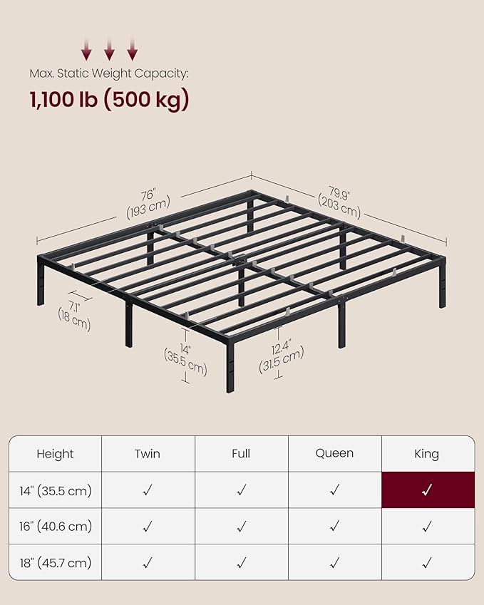 VASAGLE King Metal Bed Frame 14 Inches Tall, 1100 lb Weight Capacity, No Box Spring Needed, with Under-Bed Storage, Easy Setup, Heavy-Duty Platform Bed, Mattress Retainers, Matte Black URMB654BD02S