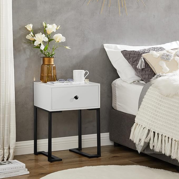 VECELO Modern Nightstand Set of 2 with Drawer End, Side Table for Bedroom, Living Room, Small Space, Night Stand with Open Shelf, Stable Metal Frame, White