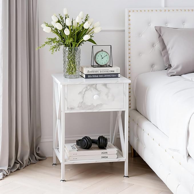 VECELO Night Stand with Drawer, 2 Tiers Storage Shelves End Table, Small Side Table for Small Spaces,Night Stand for Living Room, Bedroom, White