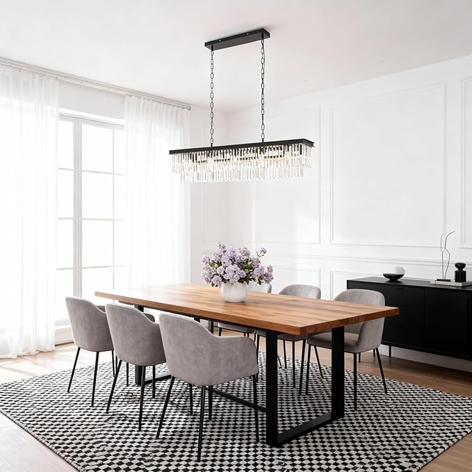 12-Lights Modern Rectangular Crystal Chandeliers Rectangle Contemporary Linear Pendant Ceiling Light Fixture for Kitchen Island Dining Room Bar, Black 47 Inch