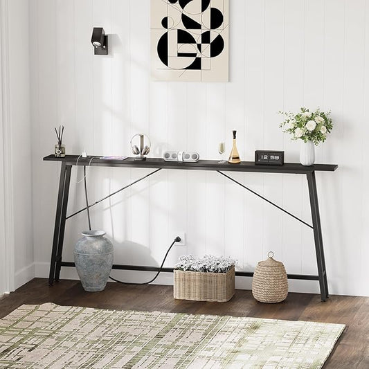 71'' Sofa Table with Power Outlets and LED Light, 5.9" Entryway Table Narrow with Type C & USB Port, Behind The Couch Table, Skinny Console Table for Living Room, Entryway, Hallway, Black