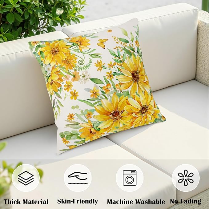 Daisy Pillow Covers 20x20 Set of 2 Summer Yellow Floral Sunflower Butterfly Decorative Throw Pillows Seasonal Spring Flowers Outdoor Cushion Case for Home Couch Sofa Decor