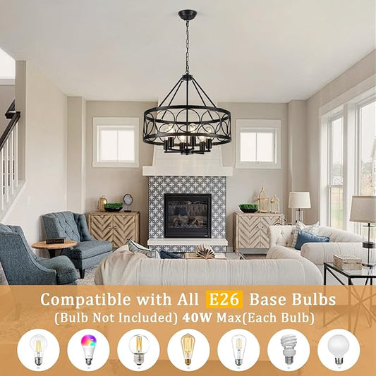 Black Farmhouse Chandelier, 6-Light Rustic Chandeliers for Dining Room Light Fixture, Drum Chandelier Round Pendant Light, Hanging Kitchen Island Lighting for Living Room, Entryway, Foyer