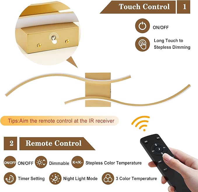 Battery Operated Wall Sconces Set of Two with Remote Control, Battery Wall Light, Stepless Colors 3000K-6000K & Dimming, Gold Led Wall Lights for Living Room, Hallway, Bedroom, 31.5 Inch (2 Pack)