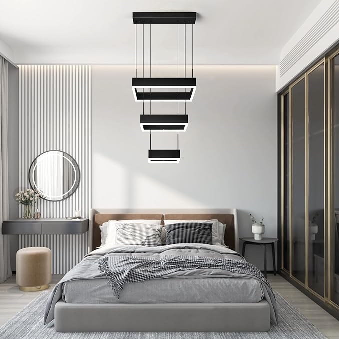 Modern LED Chandelier 3 Ring Dimmable Square Black Adjustable Pendant Ceiling Light Fixture for Foyer, Dining Room, Bedroom, Living Room
