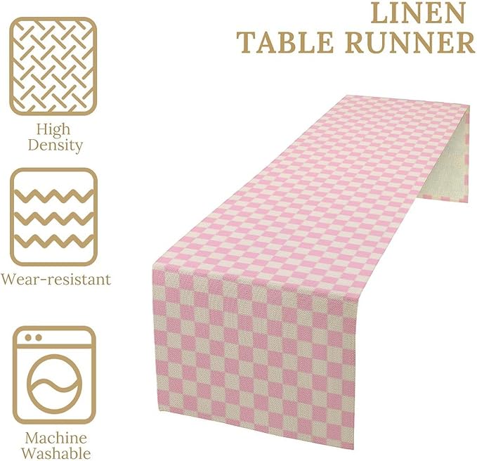70s Hippie Table Runner Groovy Pink Grid Square Modern Geometric Boho Dinner Runner for Living Room Kitchen Party Holiday Dinner Home Decor Autumn and Winter 13x70in