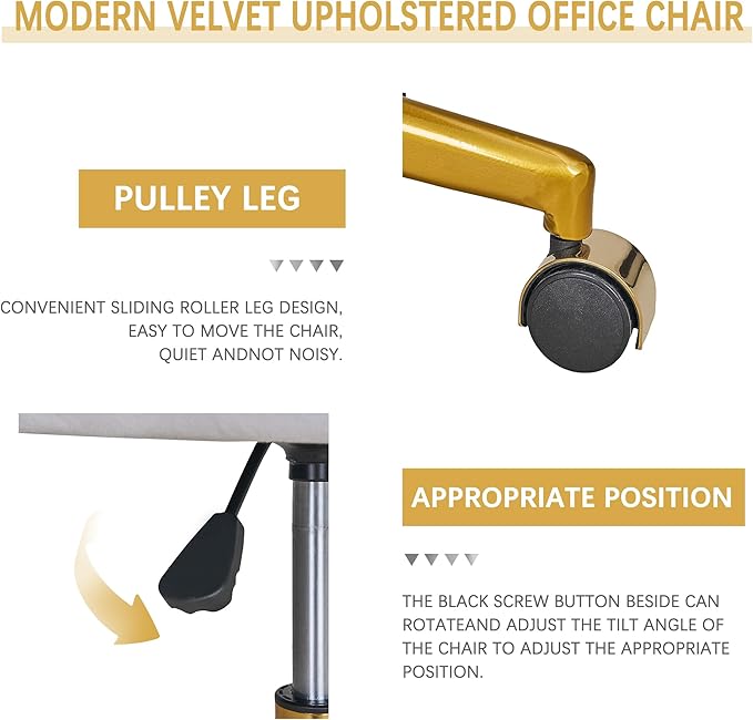 VECELO Velvet Accent Chair Set of 2, Adjustable Luxury Vanity & Dining Chair with Gold Rolling Base, 360°Swivel Upholstered Armchair for Living Room, Bedroom, Home Office, Pearl White