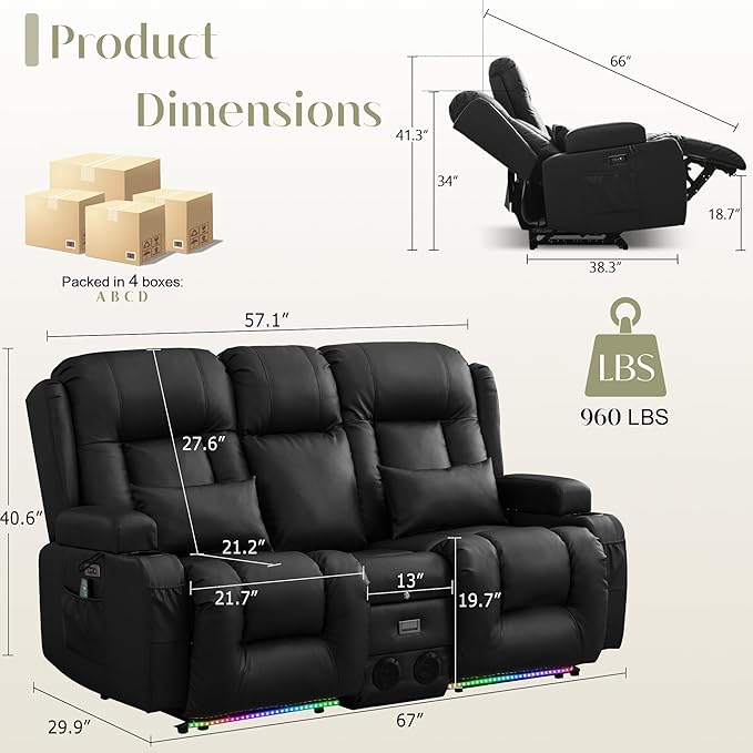 TUNYI Power Loveseat Recliner Sofa, Faux Leather Reclining Sofa with Console RV Reclining Loveseat Couch with USB/Outlet/Storage/Side Pocket/LED Light/Speaker (Black, Loveseat)