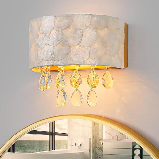 2-Light Capiz Shell Crystal Wall Sconces, Coastal Design Indoor Wall Lamp, Vanity Wall Mount Light Fixture for Bathroom, Hallway, Bedroom, Shell Lampshade, Crystal Pendants & Gold Finish